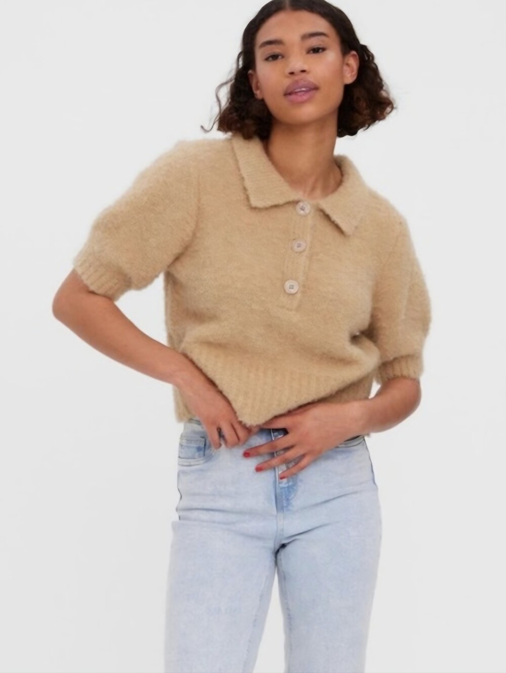 Vero Moda Beige Bonny Short Sleeve Knit Polo Sweater